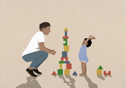 Father and happy baby son playing stacking toy blocks