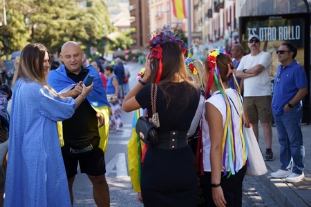 Granada  Andalusia  Spain  October 5th  2023  Ukrainians demonstrating in Ukrainian costumes at the European Summit in Granada