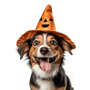 Cute dog wearing halloween hat