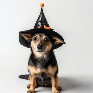 Cute puppy dog wearing halloween hat  isolated on white backgrou