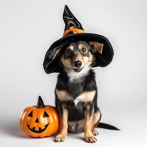 Cute dog wearing halloween hat with pumpkin  isolated on white b