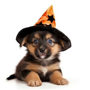 Cute dog wearing halloween hat