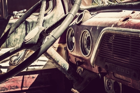Rusty old tow truck interior