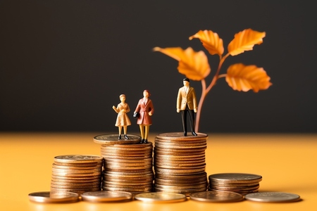 Miniature people on coins stack