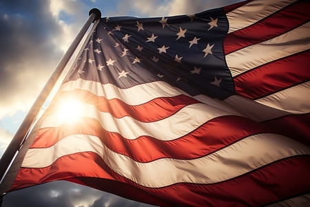 American flag with sunlight