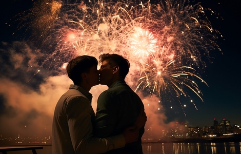 Gay couple kissing with firework