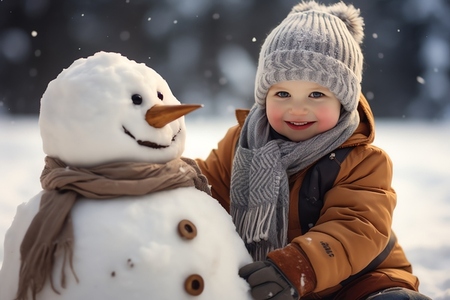 A boy building a snowman