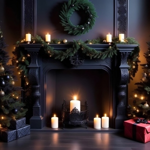 Black fireplace with christmas d
