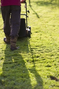 Back view of a gardener pushing a lawnmower