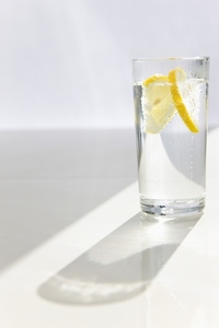 Glass of sparkling water with sliced lemon