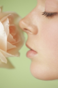 Extreme close up of a young woman profile inhaling a pink rose