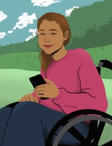 Portrait smiling confident young woman in wheelchair using smart phone in park