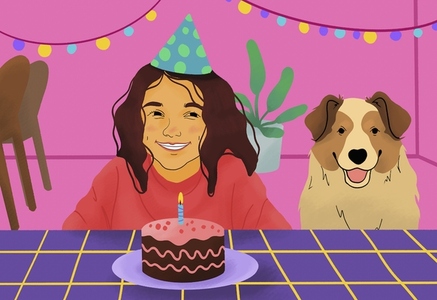 happy girl with dog celebrating birthday party