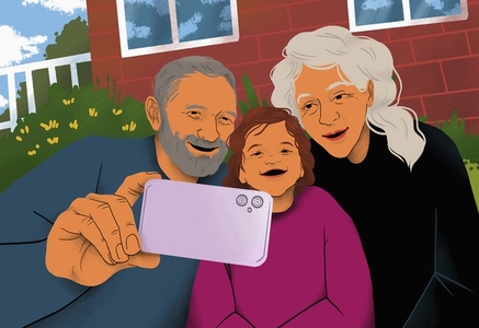 Happy grandparents and granddaughter taking selfie with smart phone outside house