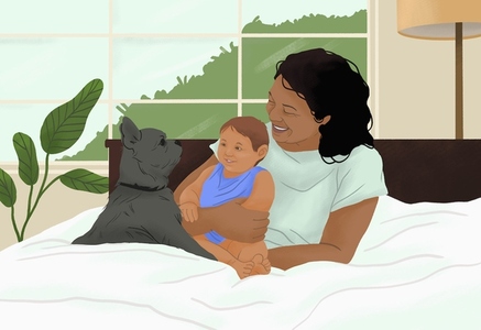 Happy mother and baby son relaxing laying in bed with dog at home