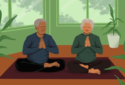 Serene healthy senior people meditating on yoga mat together at home