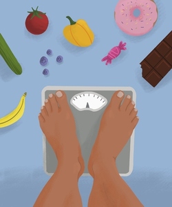 POV view from above barefoot woman standing on weight scale surrounded by unhealthy and healthy food