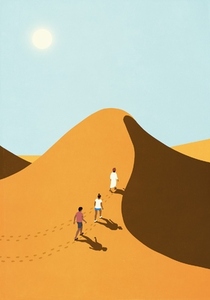 People hiking up steep sand dune in sunny remote desert