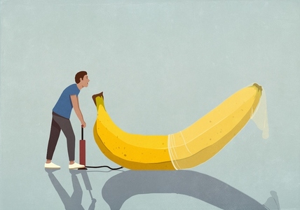 Man with bicycle pump inflating condom on banana