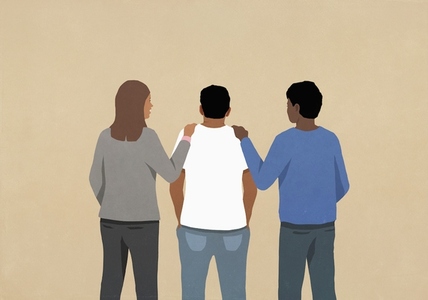 Friends supporting man touching shoulders