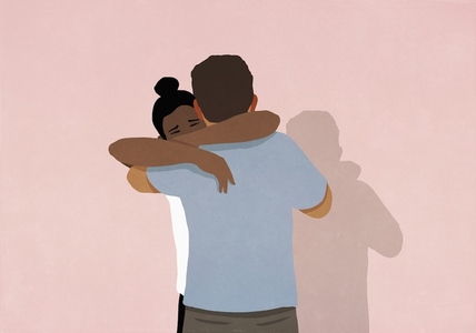 Couple hugging boyfriend comforting girlfriend on pink background