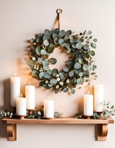 Festive eucalyptus wreath on a b