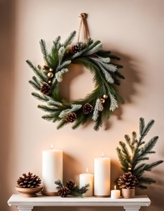 Festive fir wreath on a beige wa