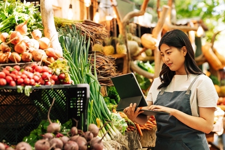 Young businesswoman in an apron working at a local food market  Female with digital tablet at a stall with vegetables