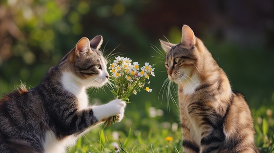 Cat holding bouquet of flowers