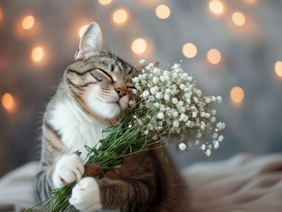 Cat holding bouquet of flowers