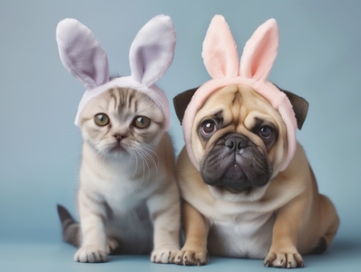 cat and dog wearing bunny ears