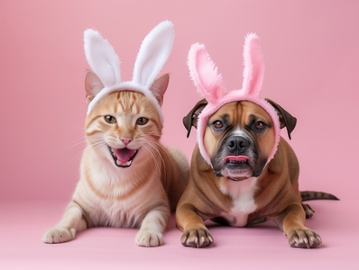cat and dog wearing bunny ears