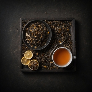 Top view of cup of black tea on a brown table