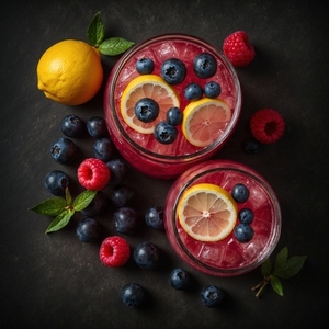 Top view of fresh lemonade with fruits and berries