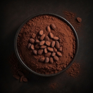 Almond nuts in cocoa powder on a table  top view