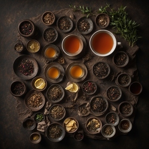 Top view of many different types of tea in cups and bowls