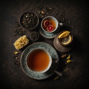 Top view of cup of black tea with citrus