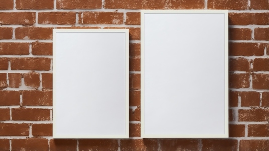 Two blank empty white vertical posters on a textured brick wall for mockup display