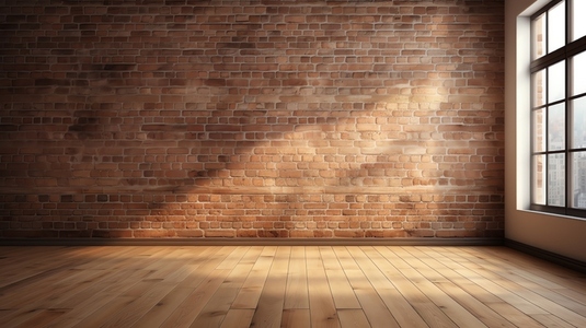 Empty room with big window in soft shadow light  brick wall and wooden floor background  mockup copy space