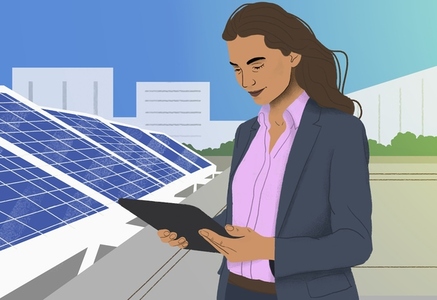Female engineer with digital tablet standing at solar panels