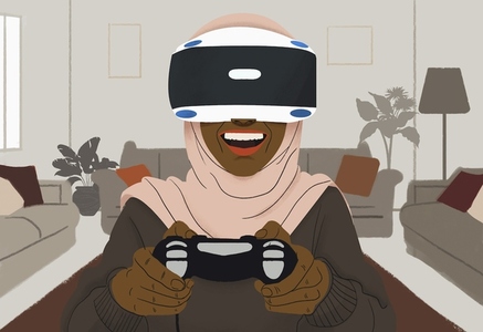 Happy woman in hijab playing video game with VR headset in living room at home