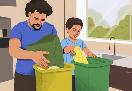Eco friendly father and son composting in bins in kitchen at home