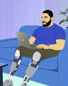 Man with prosthetic legs working from home at laptop on living room sofa