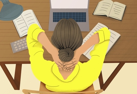 High angle view tired businesswoman with hands behind head working at laptop at home