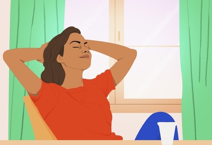 Serene woman relaxing with hands behind head at home