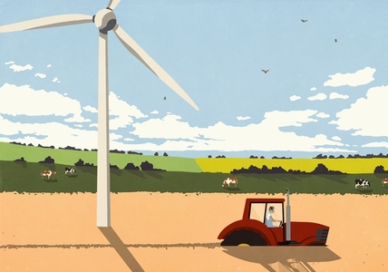Farmer driving tractor below wind turbine in sunny rural field