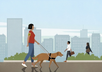 Blind woman walking with seeing eye dog in sunny city