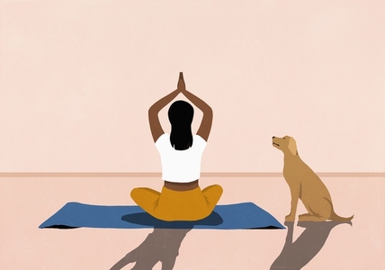 Dog watching woman practicing yoga meditation on yoga mat