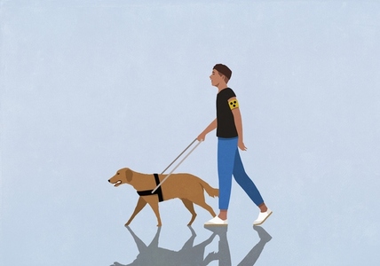 Blind man walking with seeing eye dog on blue background