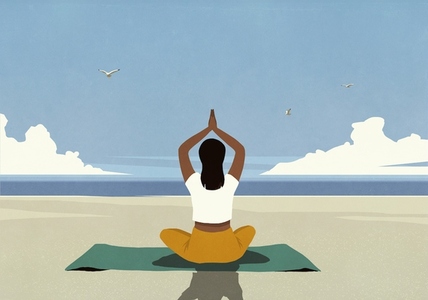 Serene woman meditating on yoga mat on sunny summer ocean beach